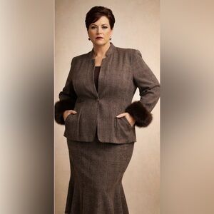 Gorgeous Vtg LILY & TAYLOR Jacket/Skirt Suit Brown Sz 20 with Fur